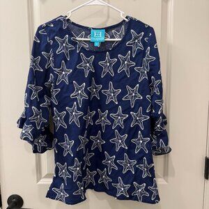 Escapada Navy White Starfish Print Top Size L 100% Rayon 3/4 Sleeve Beach Casual
